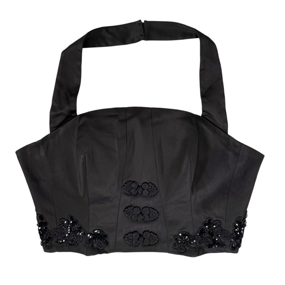 Bebe Size 6 Black Satin Sequin Appliqué Halter Crop Corset Tank Top